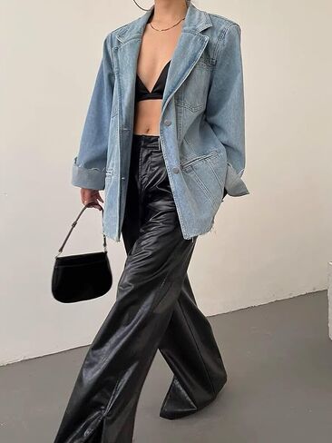 utcoco Women's Trendy Oversized Denim Blazer Casual Notched Lapel Long Sleeve Jean Jacket with Shoulder Pad in Saudi Arabia