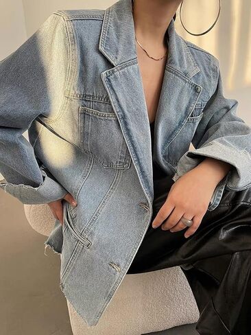 utcoco Women's Trendy Oversized Denim Blazer Casual Notched Lapel Long Sleeve Jean Jacket with Shoulder Pad in Saudi Arabia