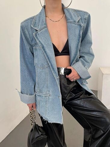 utcoco Women's Trendy Oversized Denim Blazer Casual Notched Lapel Long Sleeve Jean Jacket with Shoulder Pad in Saudi Arabia