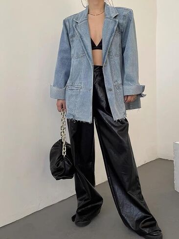 utcoco Women's Trendy Oversized Denim Blazer Casual Notched Lapel Long Sleeve Jean Jacket with Shoulder Pad in Saudi Arabia