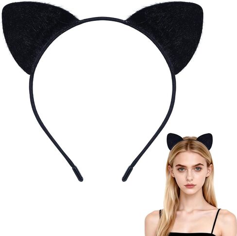 Furry Cat Ears Headband Women, Black Kitty Ear Cat Accessories for Halloween Cat Woman Costume Outfit in Kuwait