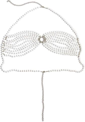 WDIRARA Women's Pearl Beaded Halter Bikini Top Sleeveless Backless Beach Cover Up Tops White Plus in Saudi Arabia