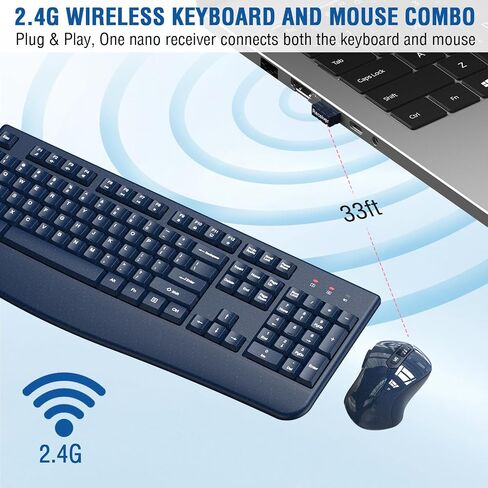 Wireless Keyboard and Mouse Combo, EDJO 2.4G USB Wireless Keyboard with Palm Rest, 3 DPI Adjustable Wireless Mouse, Compatible with Windows, Mac OS Desktop/Laptop/PC（Black） in Kuwait