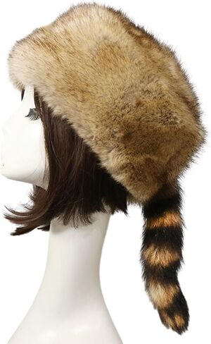 NUEAYMS Unisex Adult Plush Flat Top Hat Cute Style Mongolian Hat with Raccoon Tail Woman Teens Casual Winter Keep Warm Hat in Kuwait