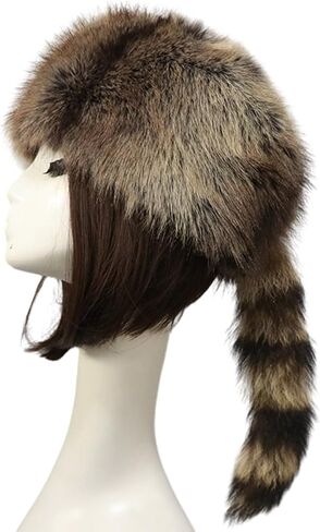 NUEAYMS Unisex Adult Plush Flat Top Hat Cute Style Mongolian Hat with Raccoon Tail Woman Teens Casual Winter Keep Warm Hat in Kuwait
