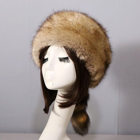 NUEAYMS Unisex Adult Plush Flat Top Hat Cute Style Mongolian Hat with Raccoon Tail Woman Teens Casual Winter Keep Warm Hat in Kuwait