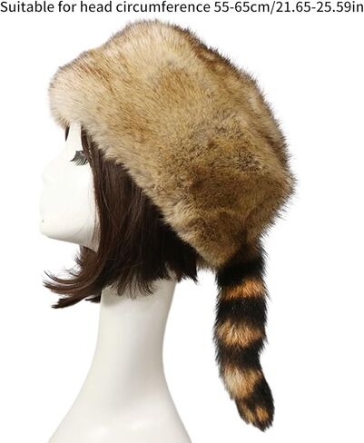 NUEAYMS Unisex Adult Plush Flat Top Hat Cute Style Mongolian Hat with Raccoon Tail Woman Teens Casual Winter Keep Warm Hat in Kuwait