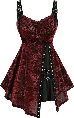 Rosegal Women Plus Size Rose Flower Printed Buckle Grommet Split Layered Gothic Tank Top in Saudi Arabia
