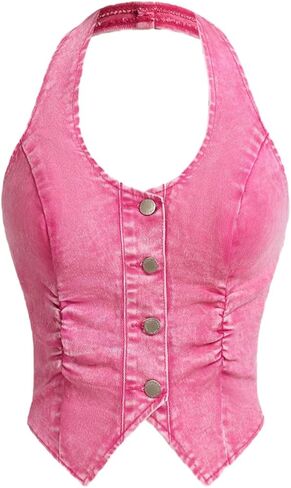 Floerns Women's Sleeveless Button Up Denim Halter Tops Ruched Asymmetrical Hem Tank Tops in Saudi Arabia
