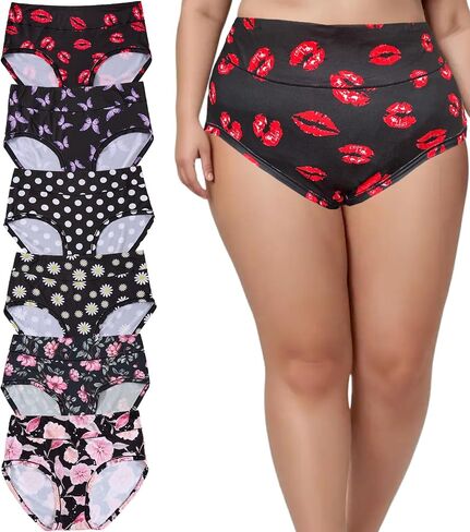 Women's Underwear Plus Size Panties High Waist Rose Floral Print 6 Pack XL-6XL Female Plus Brief Ladies Undies in Kuwait