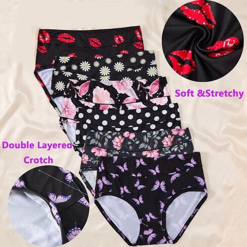 Women's Underwear Plus Size Panties High Waist Rose Floral Print 6 Pack XL-6XL Female Plus Brief Ladies Undies in Kuwait