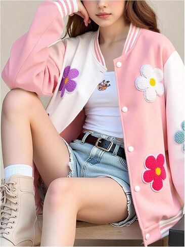 Girl's 3D Floral Bomber Jackets Long Sleeve Button Down Baseball Jacket Coat in Saudi Arabia