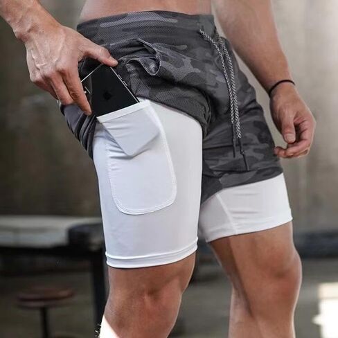 Men’s 2 in 1 Running Shorts Workout Gym Athletic Short Gym Yoga Training Sport Short Pants with Pockets in Saudi Arabia