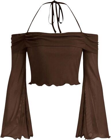 GORGLITTER Women's Bell Sleeve Off The Shoulder Tops Mesh Long Sleeve Ruched Halter Crop Top in Saudi Arabia