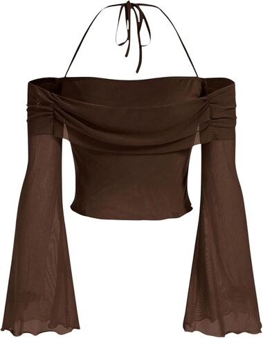 GORGLITTER Women's Bell Sleeve Off The Shoulder Tops Mesh Long Sleeve Ruched Halter Crop Top in Saudi Arabia