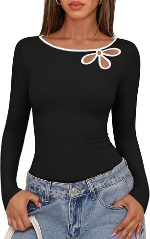 MEROKEETY Long Sleeve T Shirts for Women 2025 Trendy Cut Out Boat Neck Y2k Slim Fit Casual Going Out Tops in Saudi Arabia