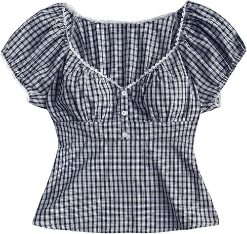 SOLY HUX Women's Y2k Plaid Top Fairy Grunge Lace Short Sleeve Blouse Shirts Aesthetic Clothes in Saudi Arabia