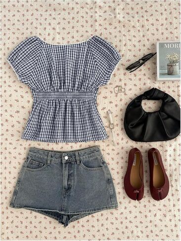 SOLY HUX Women's Y2k Plaid Top Fairy Grunge Lace Short Sleeve Blouse Shirts Aesthetic Clothes in Saudi Arabia