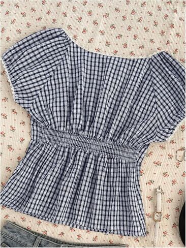 SOLY HUX Women's Y2k Plaid Top Fairy Grunge Lace Short Sleeve Blouse Shirts Aesthetic Clothes in Saudi Arabia