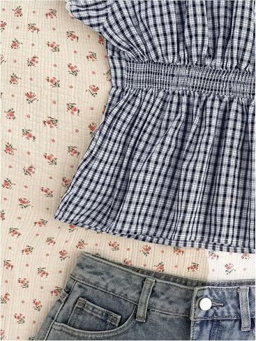 SOLY HUX Women's Y2k Plaid Top Fairy Grunge Lace Short Sleeve Blouse Shirts Aesthetic Clothes in Saudi Arabia