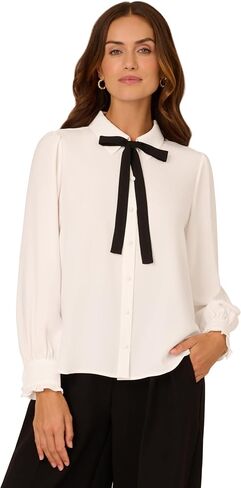 Adrianna Papell Womens Long Sleeve Woven Button Front Top with Contrast Neck Tie in Saudi Arabia