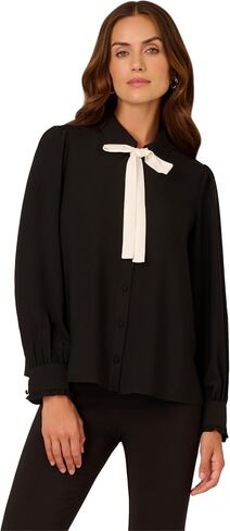 Adrianna Papell Womens Long Sleeve Woven Button Front Top with Contrast Neck Tie in Saudi Arabia