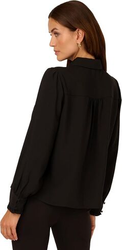 Adrianna Papell Womens Long Sleeve Woven Button Front Top with Contrast Neck Tie in Saudi Arabia