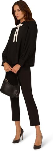 Adrianna Papell Womens Long Sleeve Woven Button Front Top with Contrast Neck Tie in Saudi Arabia