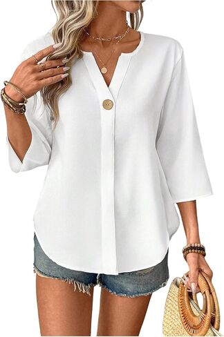 Floerns Women's Casual 3/4 Length Sleeve Blouse Top Notched Neck Loose Work Shirts in Saudi Arabia