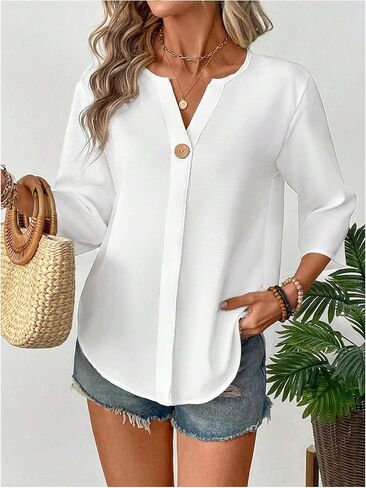Floerns Women's Casual 3/4 Length Sleeve Blouse Top Notched Neck Loose Work Shirts in Saudi Arabia