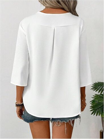 Floerns Women's Casual 3/4 Length Sleeve Blouse Top Notched Neck Loose Work Shirts in Saudi Arabia