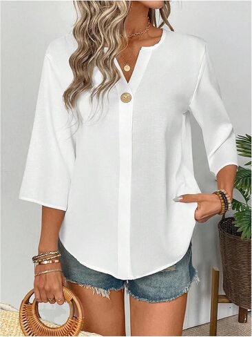Floerns Women's Casual 3/4 Length Sleeve Blouse Top Notched Neck Loose Work Shirts in Saudi Arabia