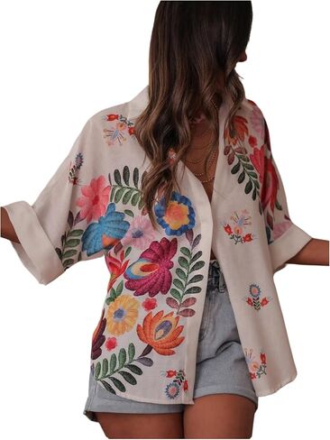 GORGLITTER Women's Fall Western Shirts Floral Oversized Button Down Blouses Short Sleeve Collared Boho Tops in Saudi Arabia