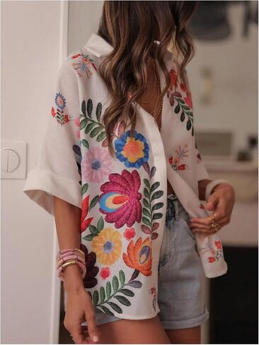 GORGLITTER Women's Fall Western Shirts Floral Oversized Button Down Blouses Short Sleeve Collared Boho Tops in Saudi Arabia