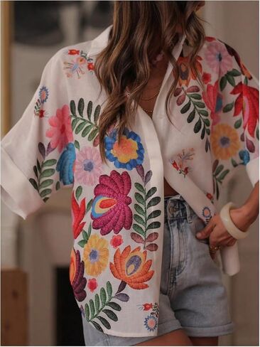 GORGLITTER Women's Fall Western Shirts Floral Oversized Button Down Blouses Short Sleeve Collared Boho Tops in Saudi Arabia