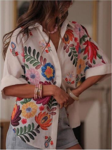 GORGLITTER Women's Fall Western Shirts Floral Oversized Button Down Blouses Short Sleeve Collared Boho Tops in Saudi Arabia