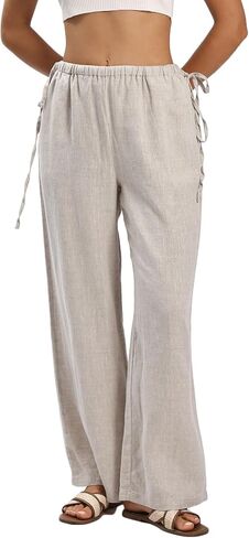 Amazhiyu Women's 100% Linen Pants Summer Casual Wide-Leg Lounge Palazzo Pockets in Saudi Arabia
