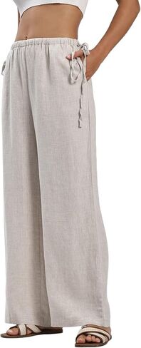 Amazhiyu Women's 100% Linen Pants Summer Casual Wide-Leg Lounge Palazzo Pockets in Saudi Arabia