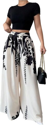 بنطال MakeMeChic نسائي واسع الساق مزين بالورود، سروال طويل بالازو، بنطال عمل عالي الخصر in Kuwait