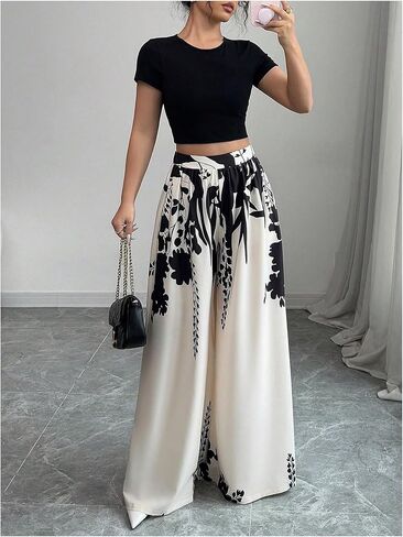 بنطال MakeMeChic نسائي واسع الساق مزين بالورود، سروال طويل بالازو، بنطال عمل عالي الخصر in Kuwait