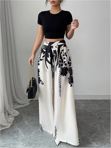 بنطال MakeMeChic نسائي واسع الساق مزين بالورود، سروال طويل بالازو، بنطال عمل عالي الخصر in Kuwait