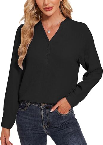 Breezy Lane Womens Blouse Cotton Tops Casual Long Sleeve V Neck Deco Button Pullover Shirts in Kuwait