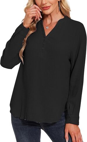 Breezy Lane Womens Blouse Cotton Tops Casual Long Sleeve V Neck Deco Button Pullover Shirts in Kuwait