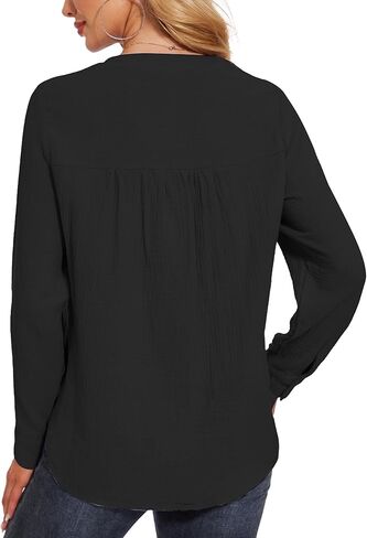 Breezy Lane Womens Blouse Cotton Tops Casual Long Sleeve V Neck Deco Button Pullover Shirts in Kuwait