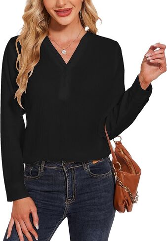 Breezy Lane Womens Blouse Cotton Tops Casual Long Sleeve V Neck Deco Button Pullover Shirts in Kuwait