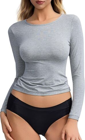 قمصان نسائية طويلة الأكمام بياقة دائرية وقابلة للتمدد تي شيرت أساسي تي شيرت علوي ملابس خريفية غير رسمية ذات طبقات in Kuwait