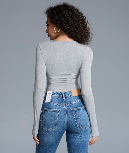 قمصان نسائية طويلة الأكمام بياقة دائرية وقابلة للتمدد تي شيرت أساسي تي شيرت علوي ملابس خريفية غير رسمية ذات طبقات in Kuwait