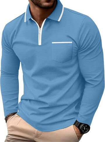 Askdeer Men's Polo Shirts Zip Long Sleeve Classic T-Shirts Casual Golf Shirts Stylish Collared Tee in Saudi Arabia