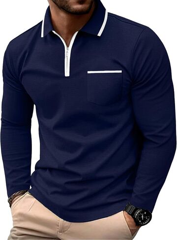 Askdeer Men's Polo Shirts Zip Long Sleeve Classic T-Shirts Casual Golf Shirts Stylish Collared Tee in Saudi Arabia