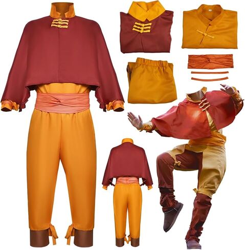 زي أنيمي Aang للبالغين زي Aang الأصفر مجموعة كاملة من بدلة الهالوين in Saudi Arabia